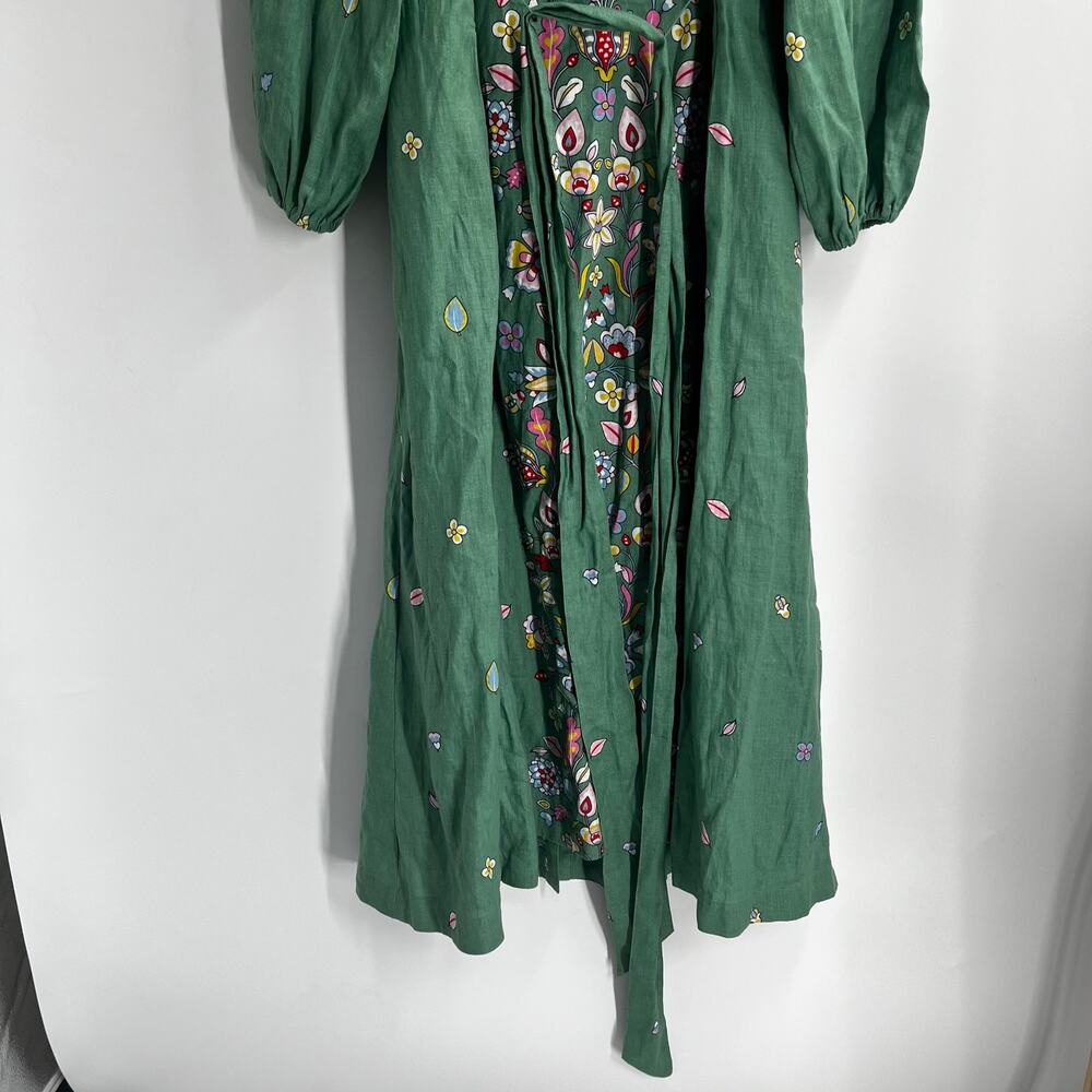 Boden Maxi Green Linen Print Belted Boho Dress Women’s 12R Prairie Event - Picture 4 of 11